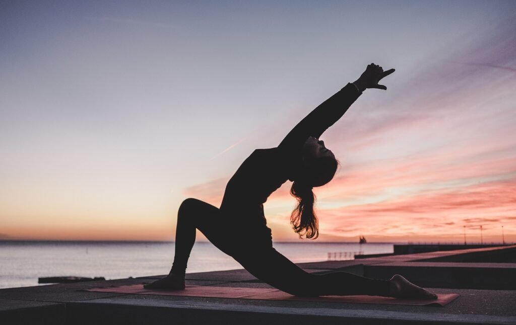 yoga, outdoors, sunrise, meditation, fitness, nature, workout, exercise, woman, twilight, dusk